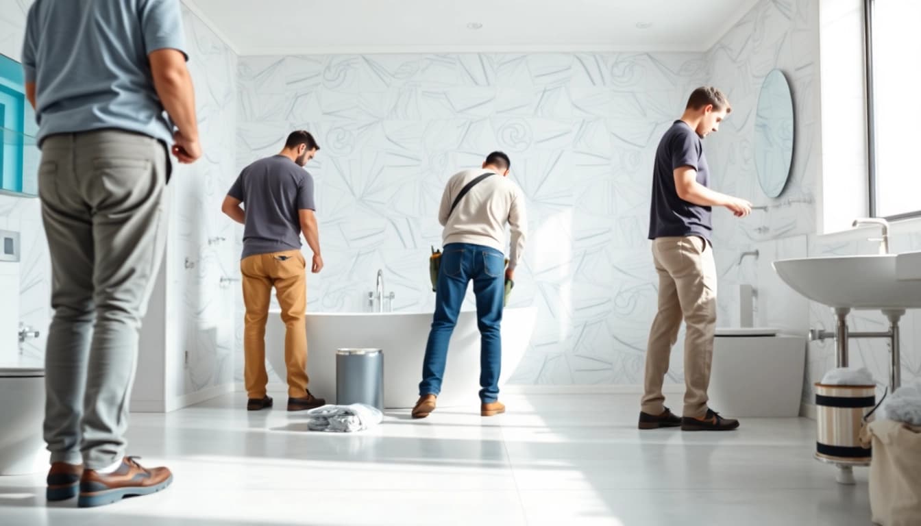 Bathroom installers actively renovating a modern bathroom with elegant fixtures and tiles.