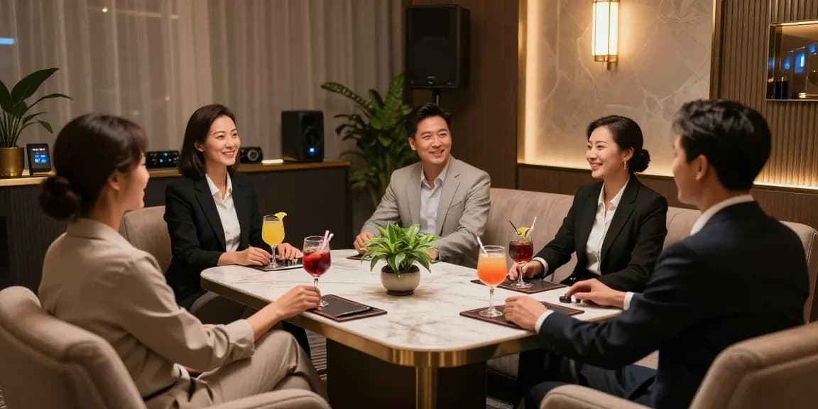 강남구구단에서 고급스럽게 꾸며진 카라오케 룸에서 비즈니스 미팅을 즐기는 모습