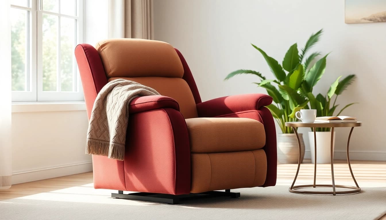 Relaxing lift chair recliner with heat and massage in a cozy living room setting.