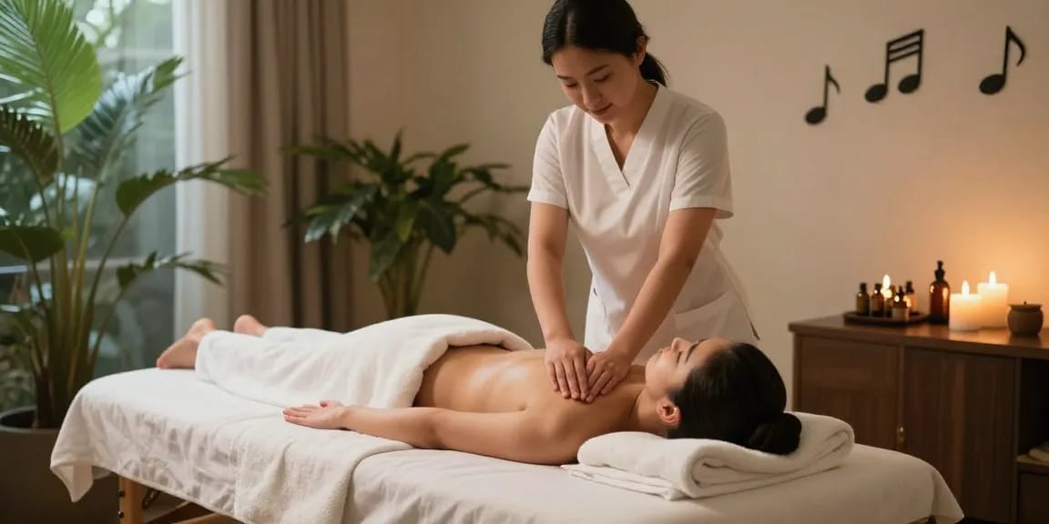 당진마사지 치료실에서 마사지 중인 모습, 아늑한 분위기로 편안함을 강조합니다.