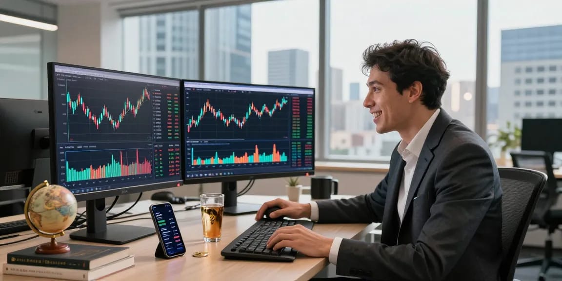 Trader analyzing Ethereum price live charts in a modern office with vibrant market data.
