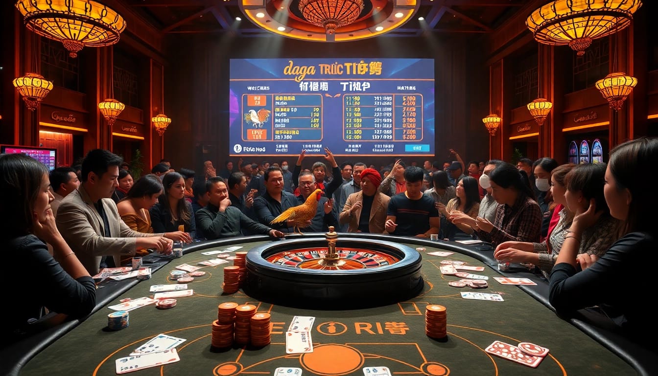 Experience daga trực tiếp at a luxurious casino scene with betting tables, excited gamblers, and digital scoreboards.