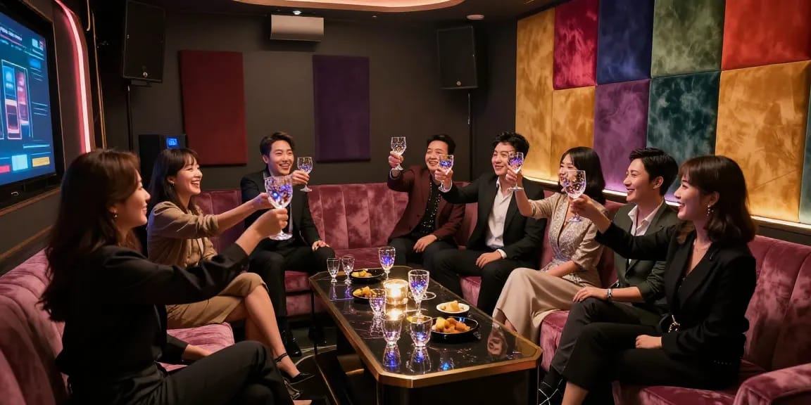 강남쩜오 프라이빗 카라오케 룸에서 고급스러운 분위기를 즐기는 모습