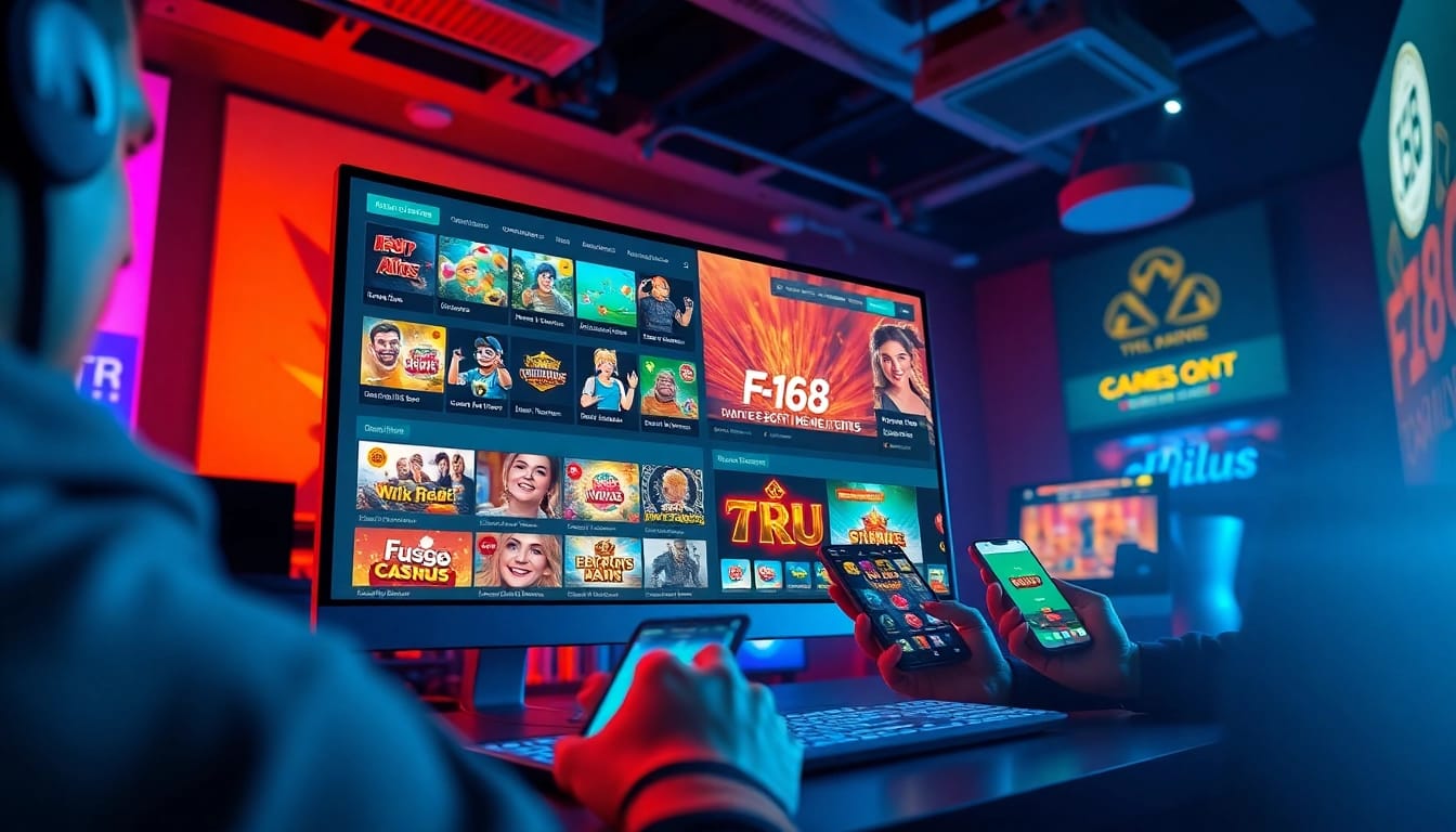 Experience the exciting atmosphere of แบรนด์ F168 online gambling platform with vibrant gaming scenes.