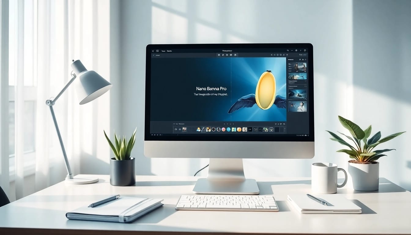 Nano Banana Pro interface on a modern computer in a creative workspace.