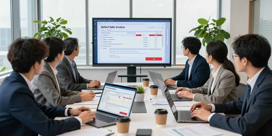 Professionals detecting fake invoices in a modern office environment, collaborating around digital tools.