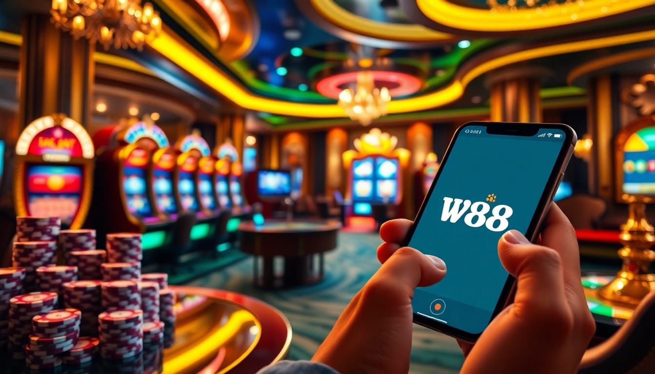 Tương tác với liên kết W88 trong không khí casino trực tuyến sang trọng, phô diễn chip poker và máy đánh bạc.