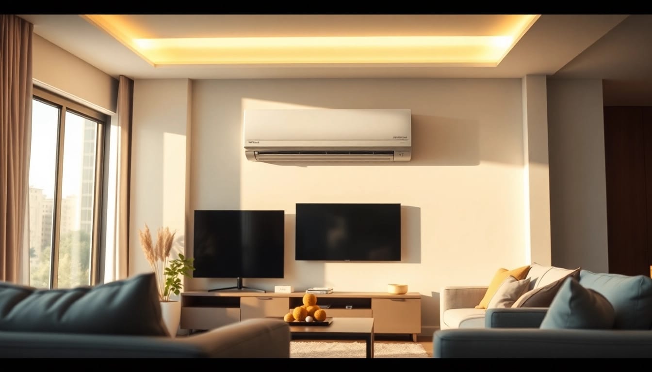Mitsubishi mini split AC unit elegantly mounted in a bright, modern living room.