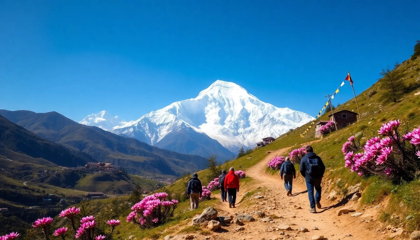 Manaslu Circuit trekking scene with stunning mountains, trekkers on a vibrant trail, and colorful rhododendrons.