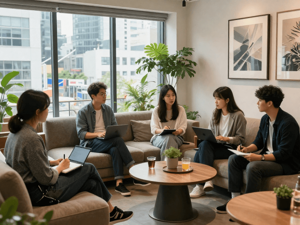 강남쩜오 멀리건의 아늑한 미팅 공간에서 다양한 직장인들이 대화를 나누는 모습