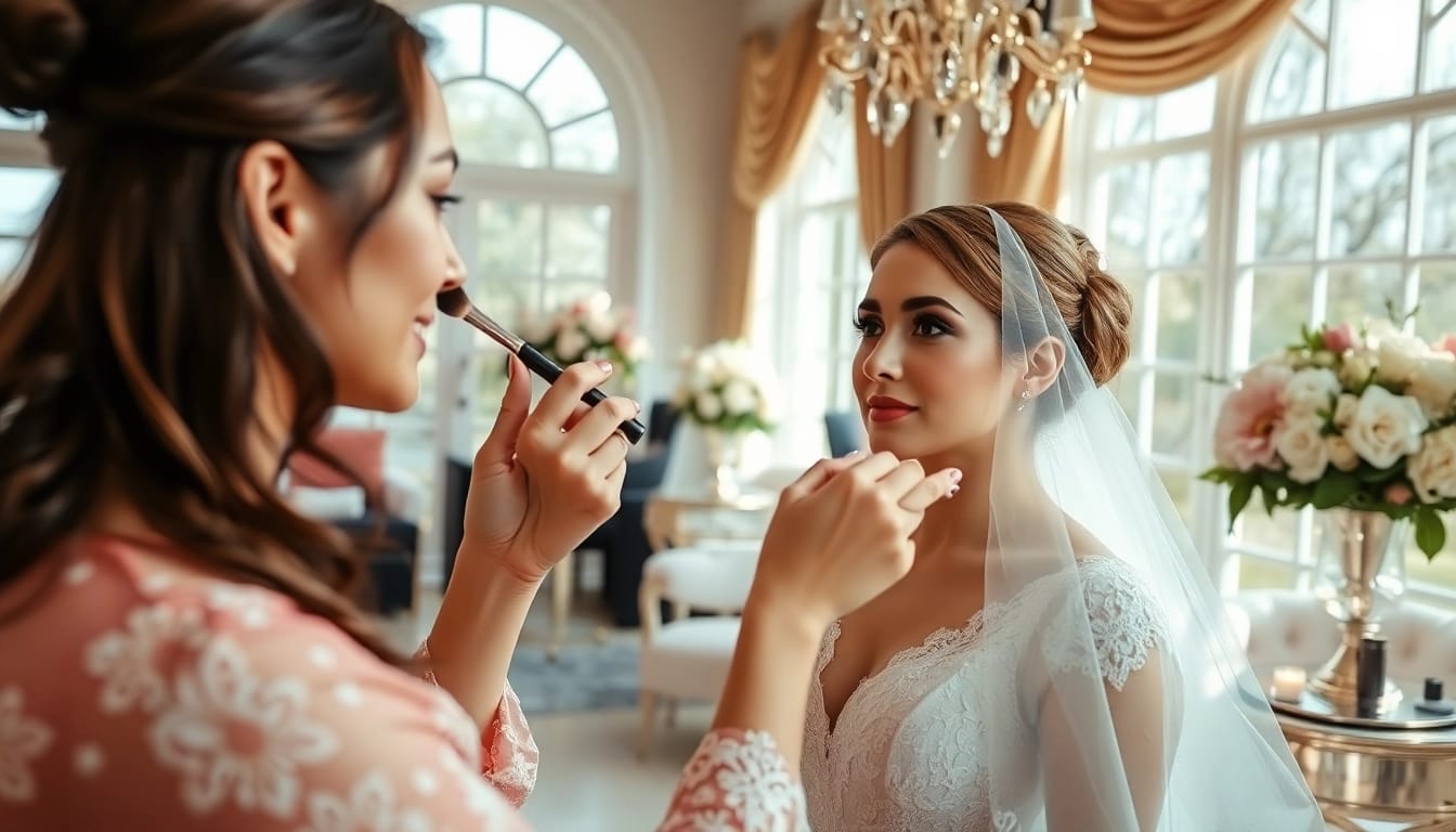 New Jersey makeup artist applying makeup to a bride in a luxurious salon.