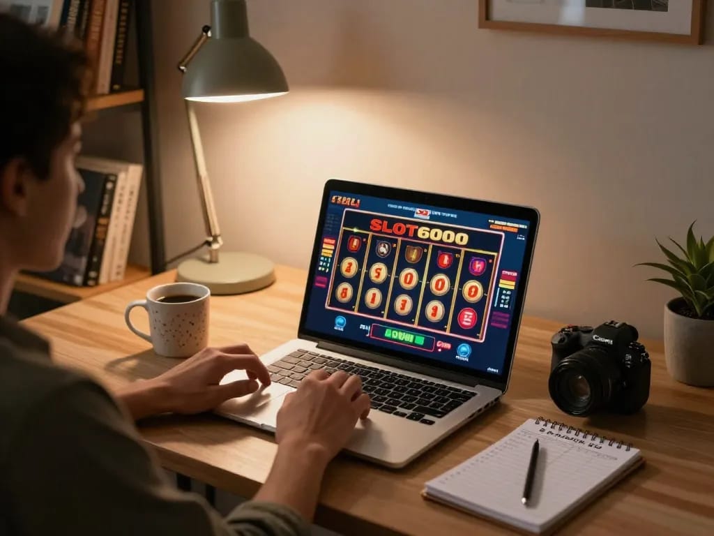 SLOT6000 online gaming session with a laptop setup and vibrant reels displayed