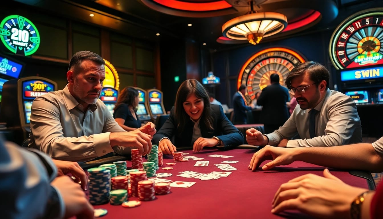 Rasakan sensasi kemenangan Datuk di meja kasino mewah dengan chip poker yang berwarna-warni dan para pemain yang antusias.