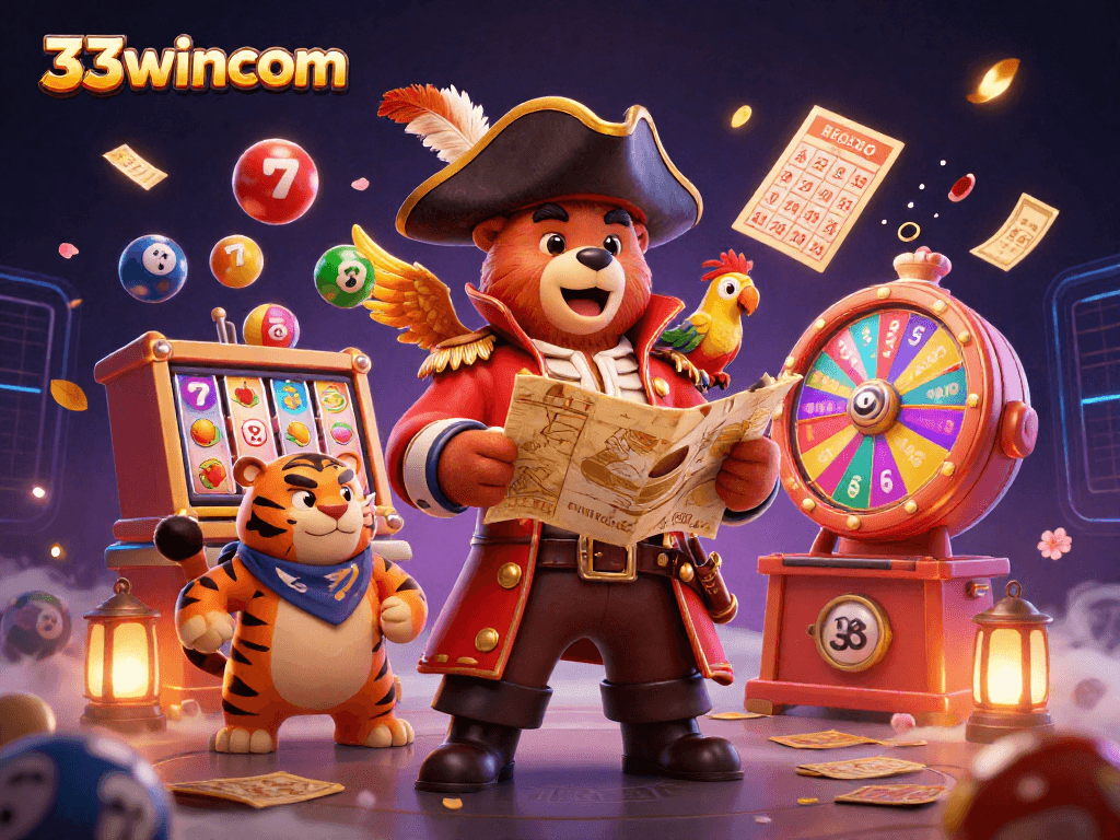Experience the excitement of lottery and slots at 33wincom with dynamic game elements illustrated together.