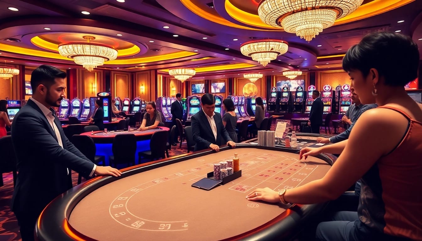 Players enjoying BJ38 online gambling with poker chips and casino tables in a vibrant setting.