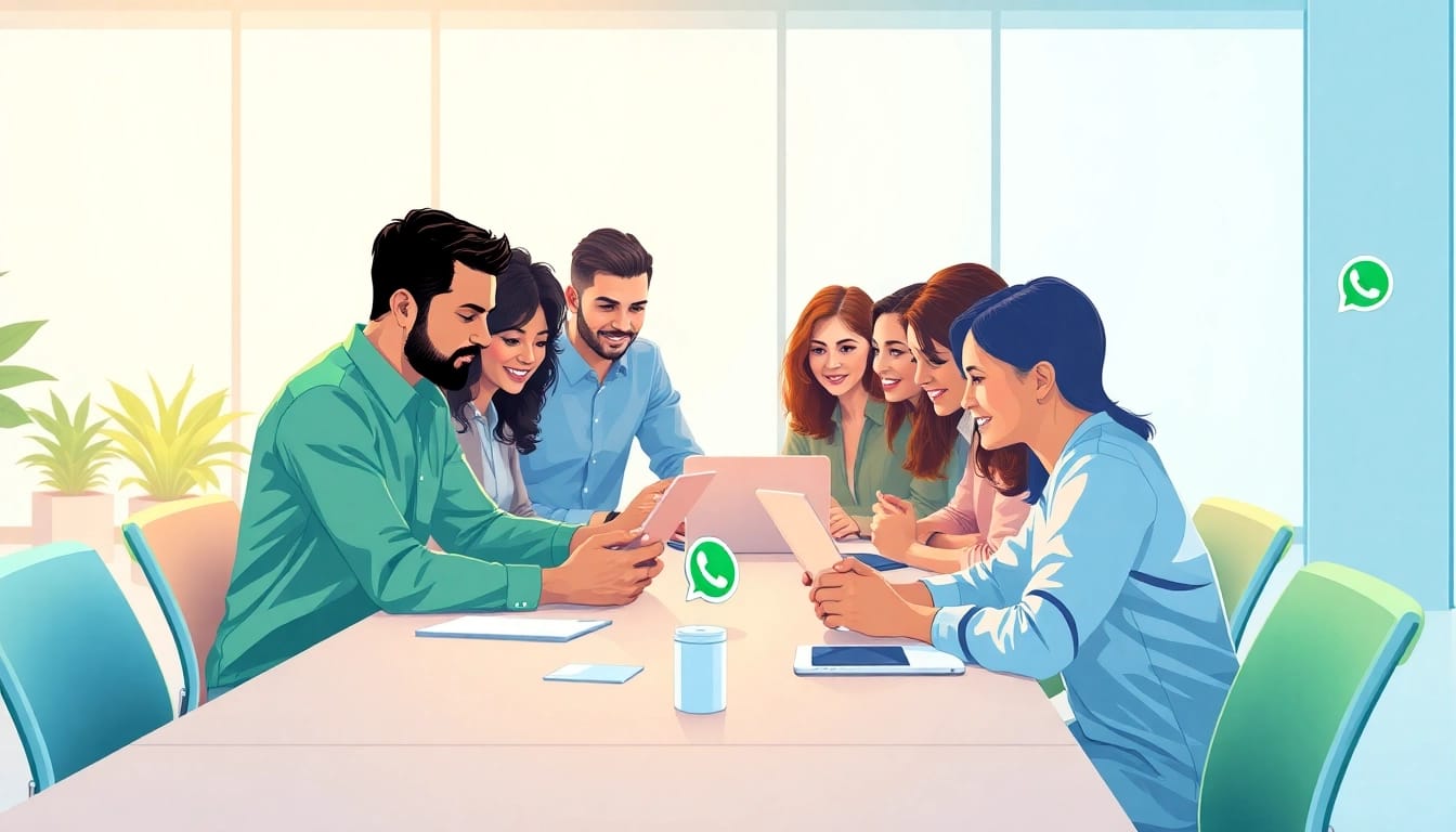 Explore What is a CRM for WhatsApp in a professional teamwork setting with engaging technology.