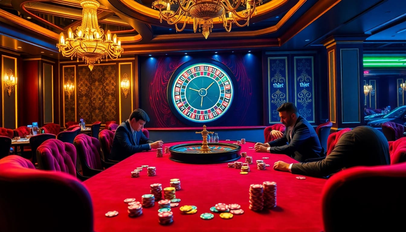 Engage with thrilling poker action at thabet casino, featuring vibrant chips and a roulette wheel in a luxurious setting.