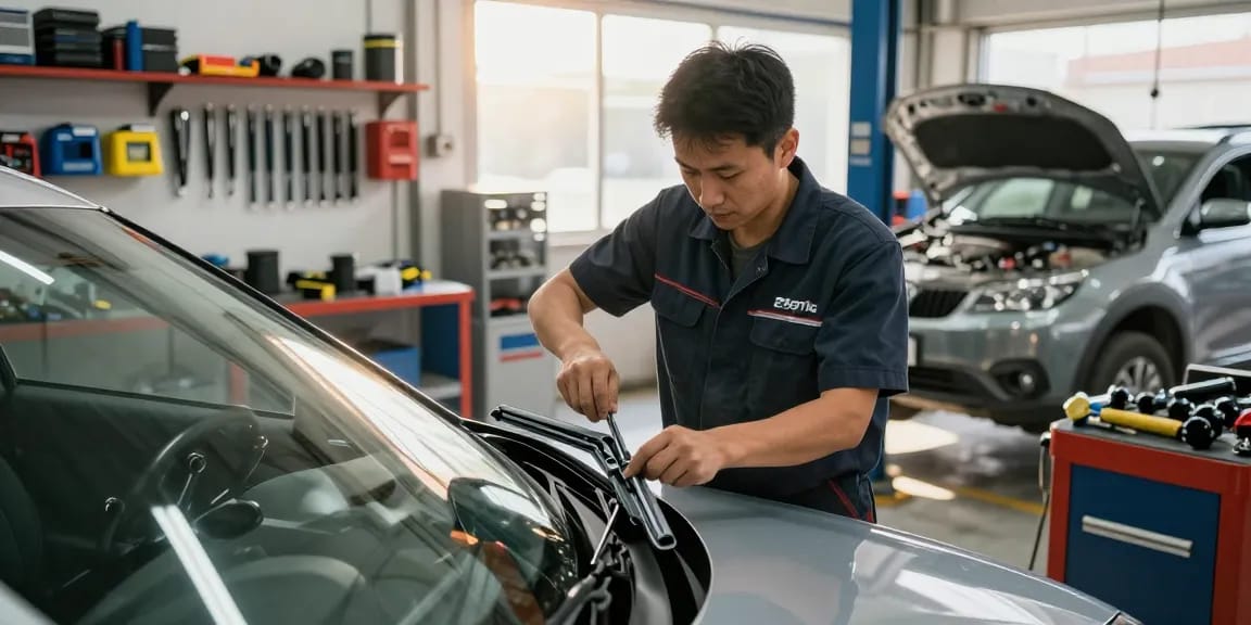 Mechanic installing hybrid wiper blade in a modern garage, ensuring optimal vehicle visibility.