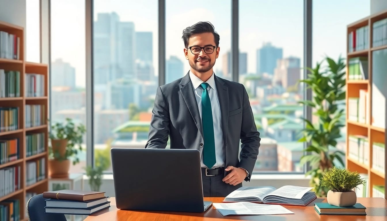 Environmental lawyer confidently discussing sustainability in a modern office with legal documents.