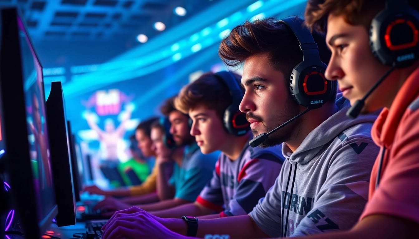 Engaged gamers in a competitive setting during a valorant download session showcasing excitement.