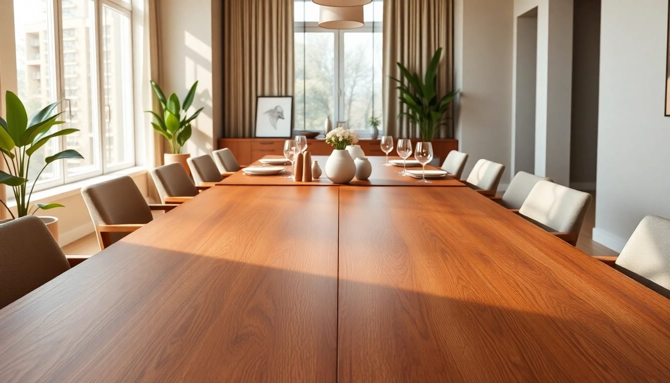 Setting a beautiful extension table for a gathering with elegant decor.