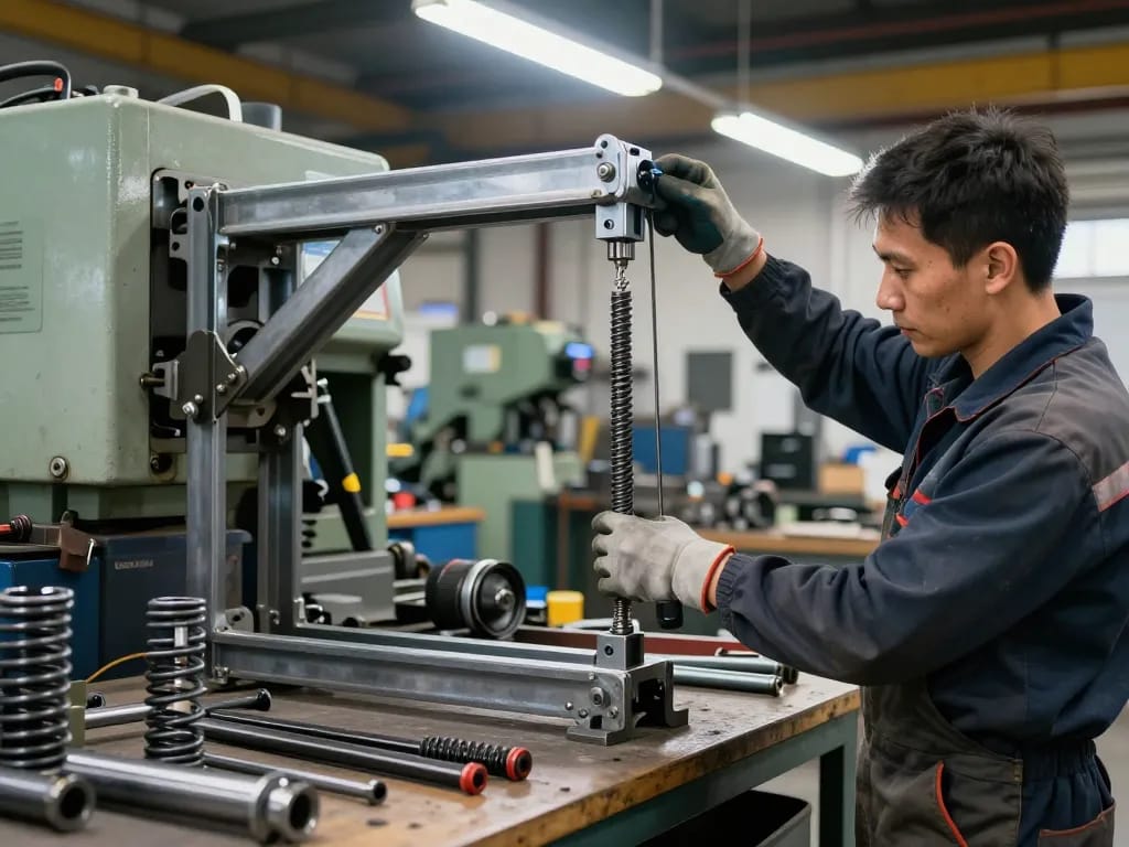 Mecanic instalând Arcuri tractiune în atelier, demonstrând precizie și expertiză.