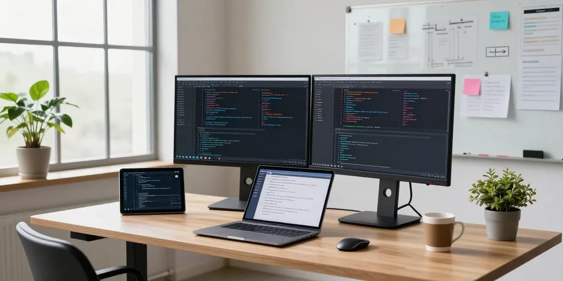 Developer at modern tech workspace showcasing 纸飞机中文版官网 on dual monitors surrounded by innovation tools.