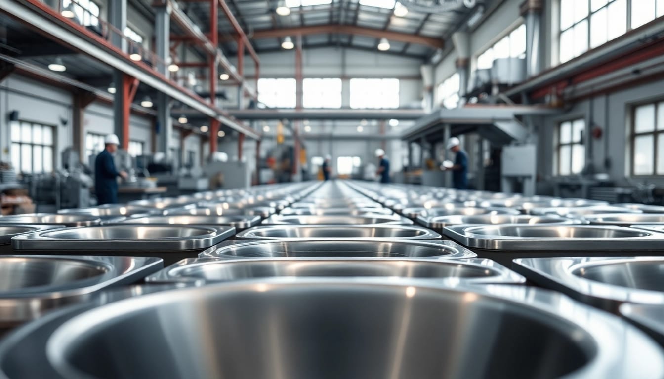 Stainless steel basin factory demonstrating skilled craftsmanship and precision manufacturing.