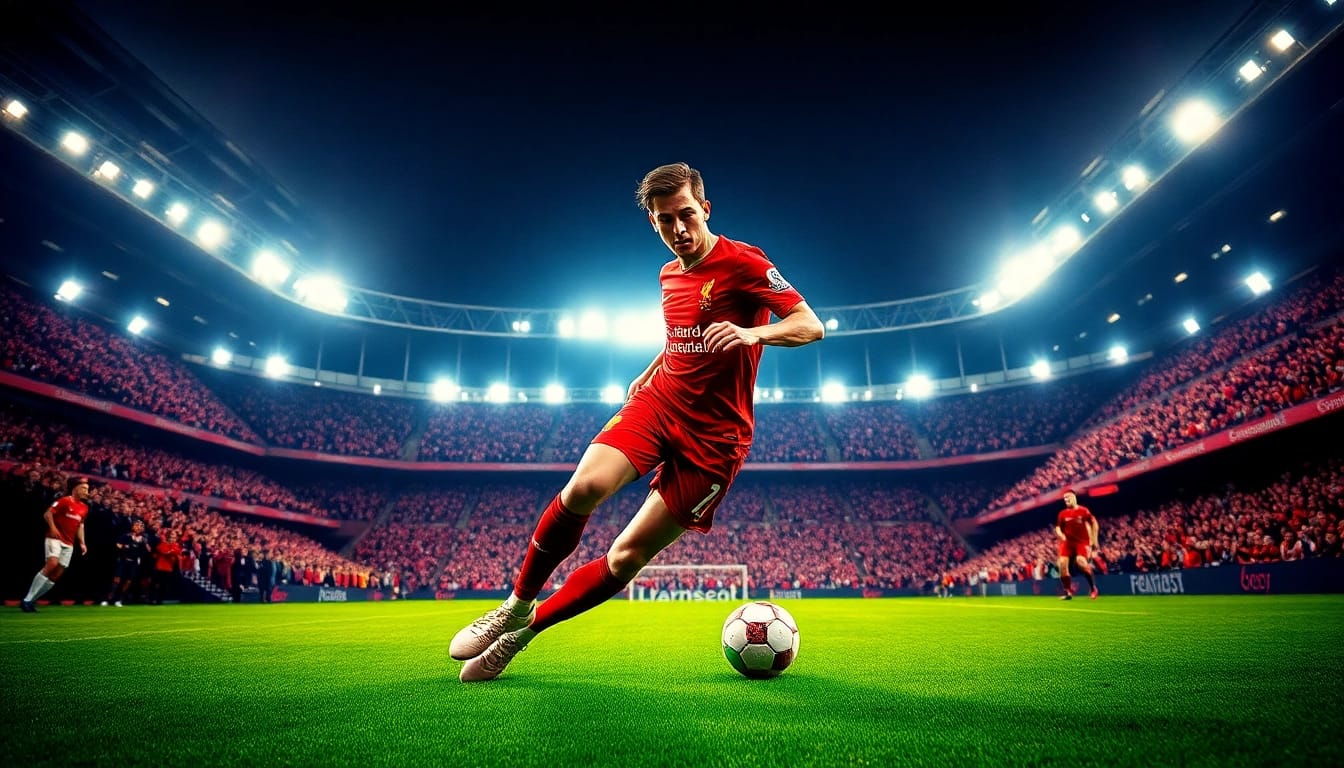 Liverpool FC player showcasing football in an intense moment during the Premier League.