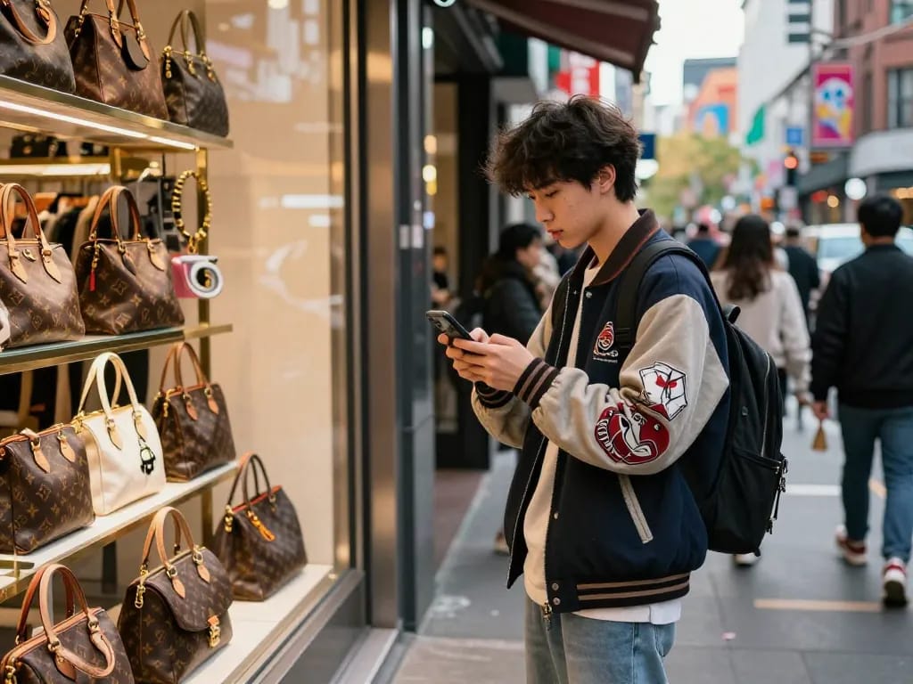 Young shopper admiring 레플리카 bags in a vibrant urban setting.