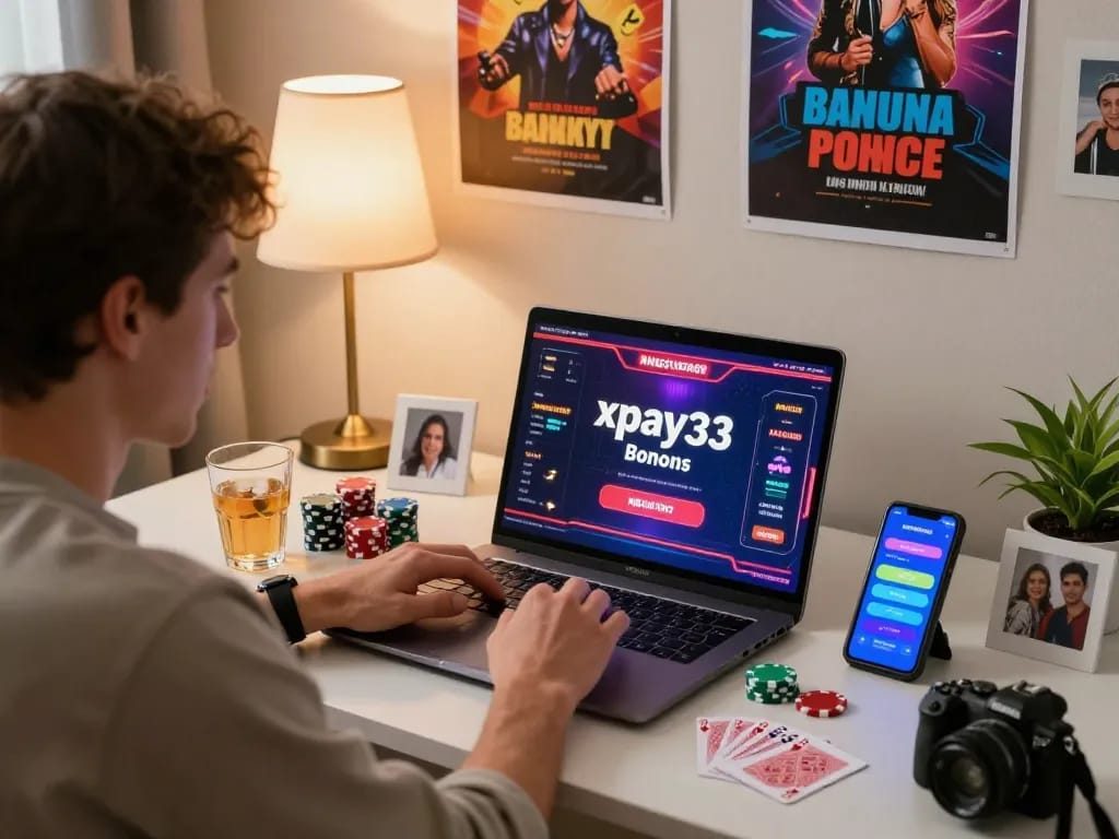 xpay33 bonuses enhancing an online casino player's experience at home, with vibrant gaming graphics and cozy ambiance.