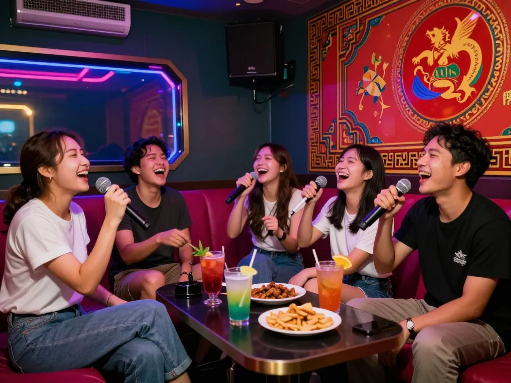 音楽とドリンクを楽しむ友達とホーチミン市のおすすめスポットでのカラオケの興奮。