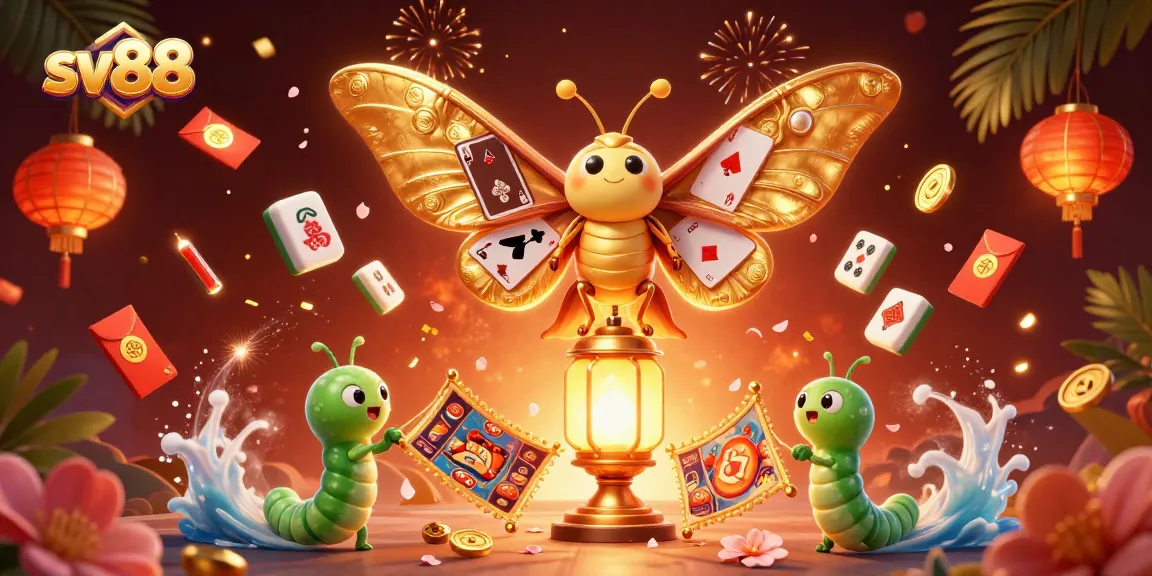 Experience the vibrant world of sv88 with a dazzling illustration featuring a 3D atlas moth, casino elements, and festive decorations.