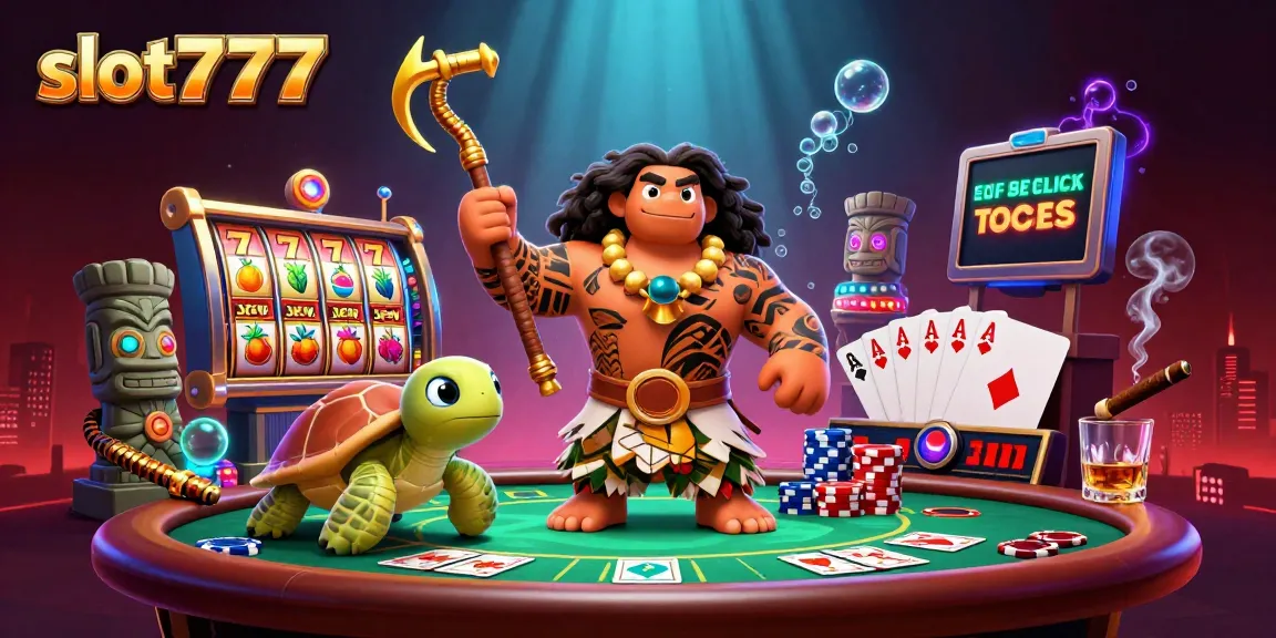 Gambar slot777 menampilkan mesin slot berkilau dengan karakter Polinesia dan keberuntungan saat bermain.