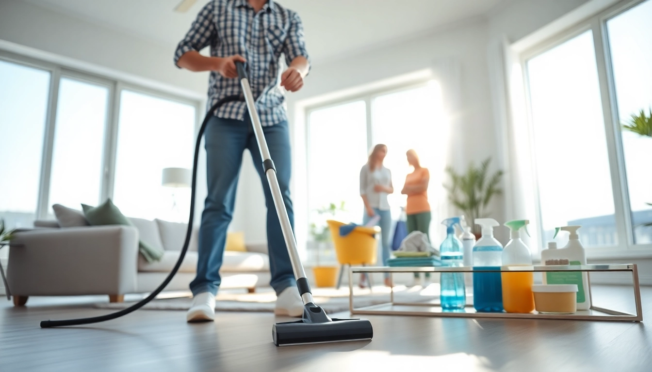 Efficient cleaning services near me in a spotless home with a professional team at work.