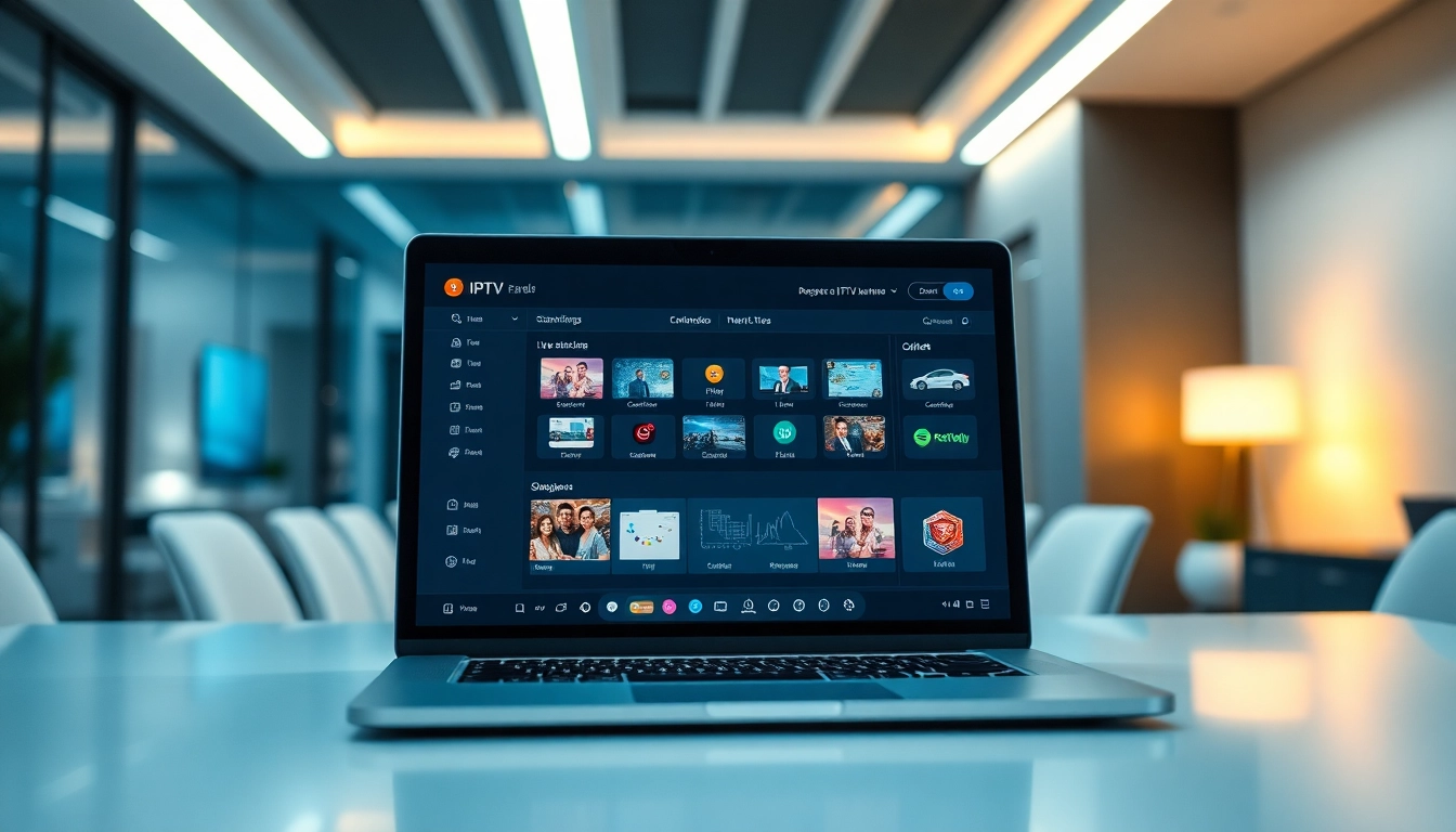 Showcase an IPTV panel interface with live streaming in a modern office setup.