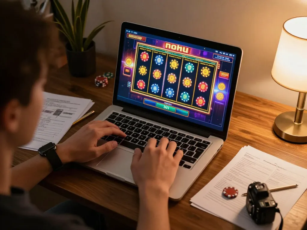 Nohu gaming experience with vibrant slot reels displayed on laptop in cozy home setting.