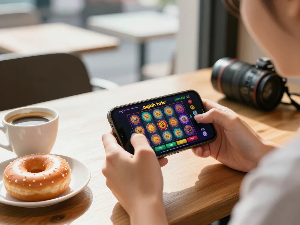 Playing gajah toto games on a smartphone at a café, showcasing the excitement of mobile gambling.