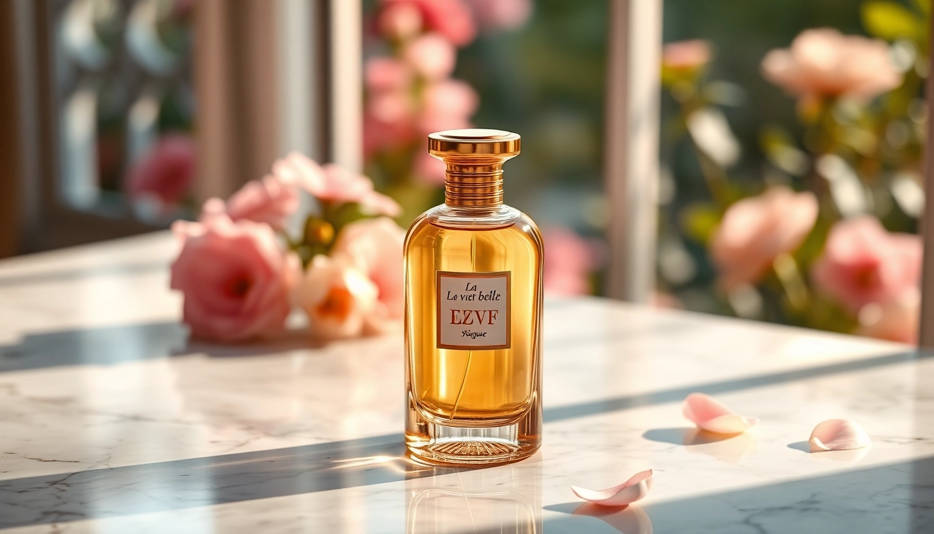Experience La vi est belle with an elegant fragrance bottle on marble, surrounded by vibrant flowers.