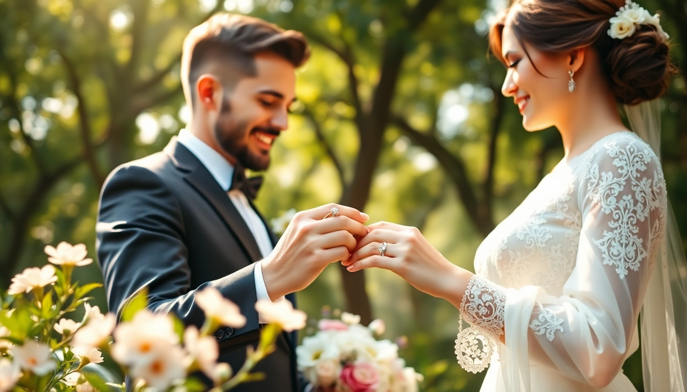 美しい庭園で結婚指輪を交換する新婚カップルが愛を示している。