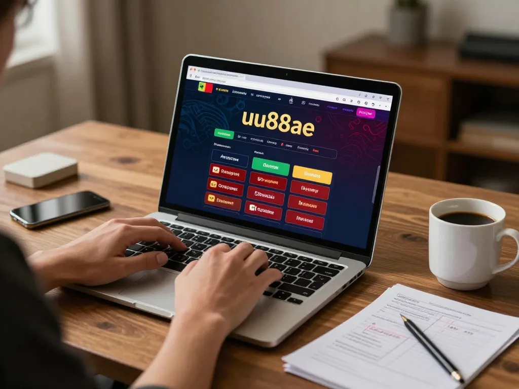 Player engaging with uu88ae interface on a laptop for online gambling in a cozy home setup