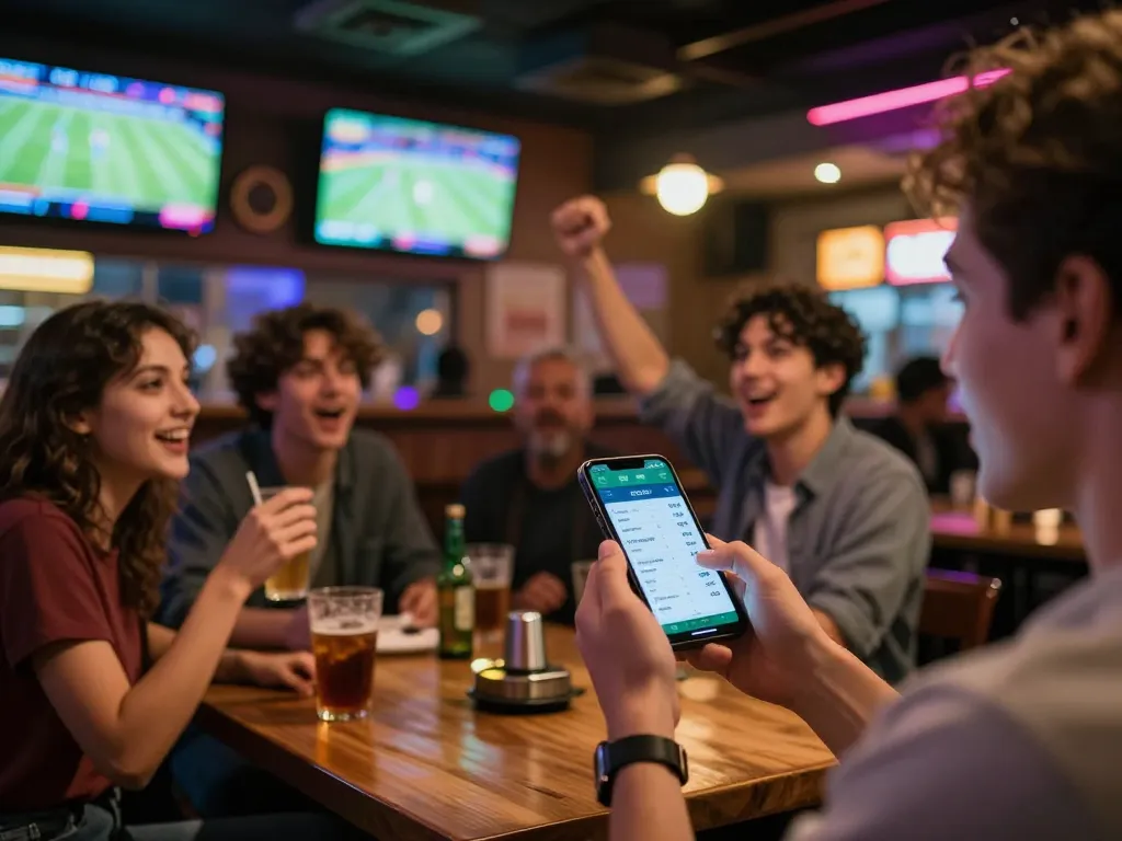 An enthusiastic group enjoying sports betting with dh 88 app open, showcasing live odds and excitement in a vibrant setting.