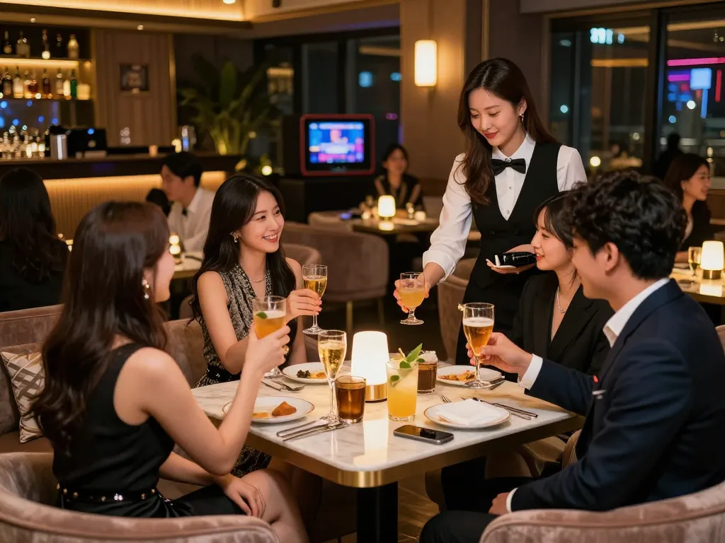 Experience the upscale nightlife of 강남쩜오, featuring elegant seating and luxury drinks in a vibrant atmosphere.
