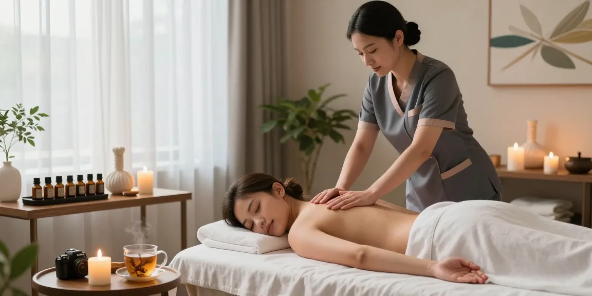강남마사지에서 편안한 마사지를 받고 있는 모습과 아늑한 스파 환경