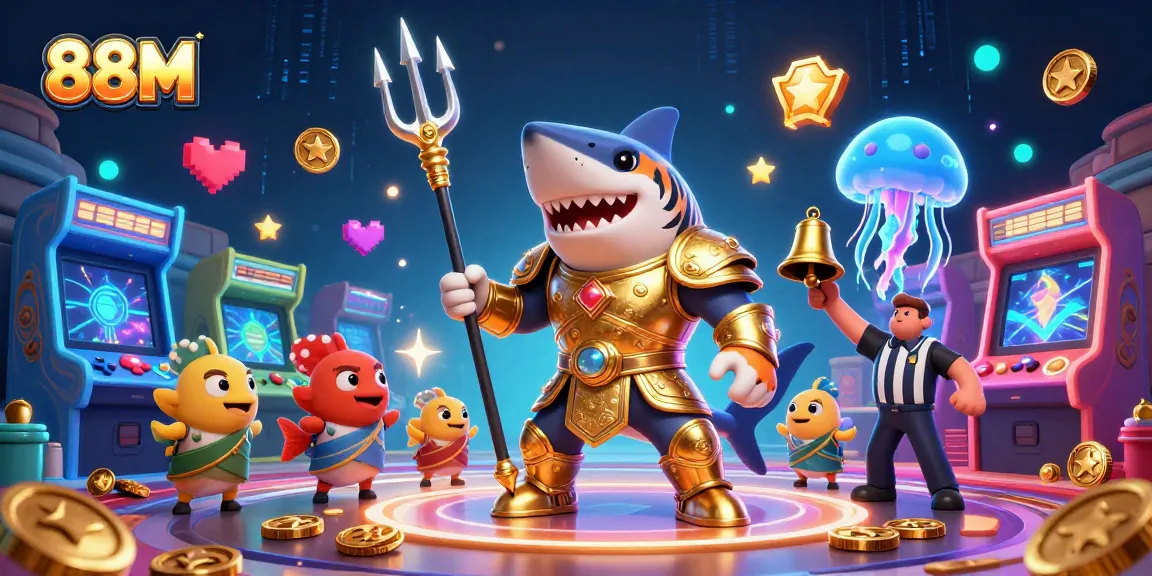 Engage with the thrilling 88M casino experience featuring a golden shark in an underwater colosseum.