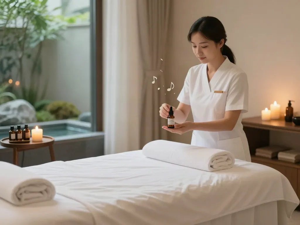 Serene 의정부출장마사지 environment with a therapist preparing aromatic oils for a tranquil spa experience.