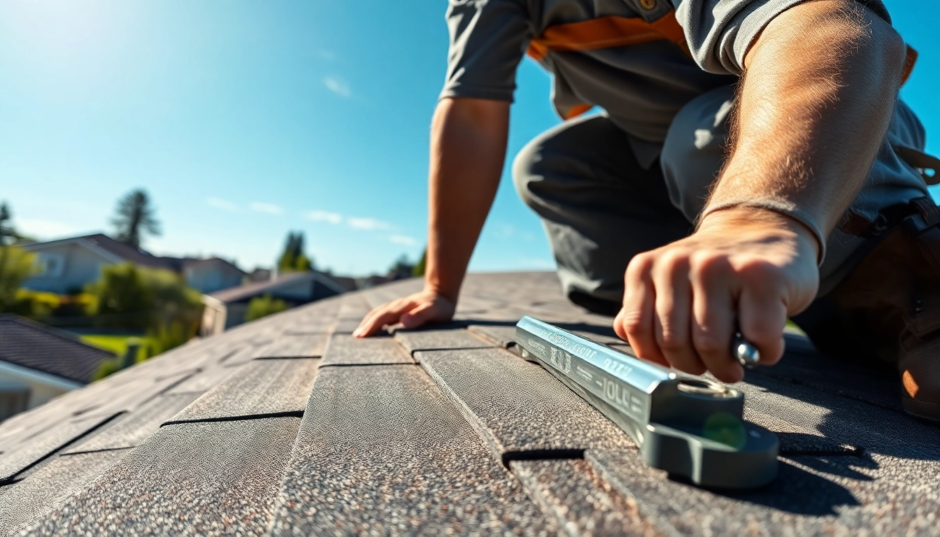Roofing contractor inspecting shutters and roofing materials, ensuring quality and durability.