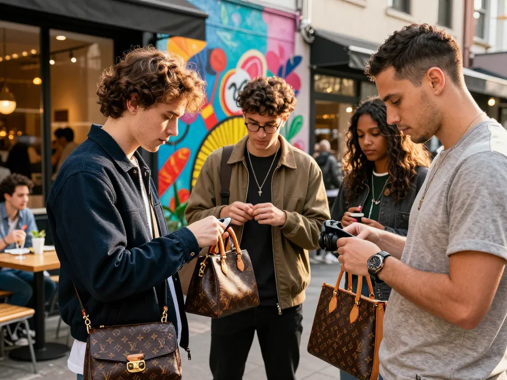 Fashionable individuals exploring high-quality 레플리카 products in an urban setting.