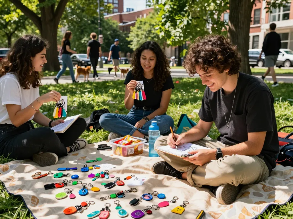 Colorful custom key chains displayed outdoors in a park as an artist sketches new designs.