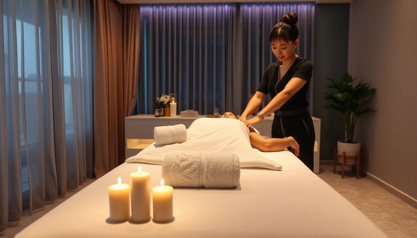 Relaxing 출장마사지 session in a modern interior setting with ambient lighting.